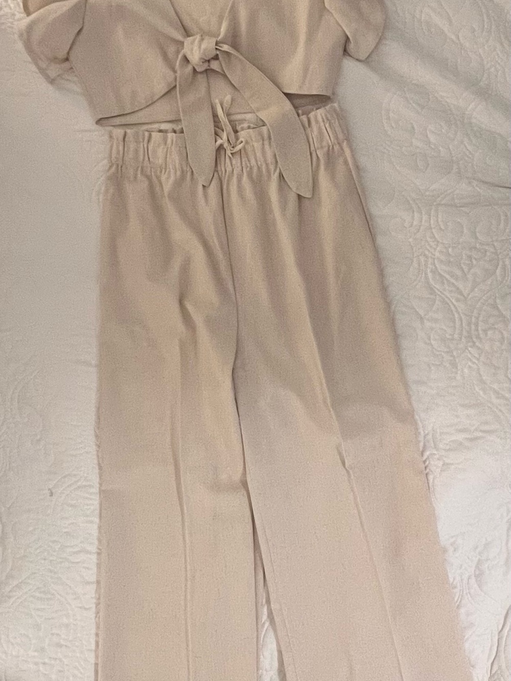 CBR Beige Tie-Front Flutter Sleeve Crop Top and Wide Leg Pants - Picture 2 of 2